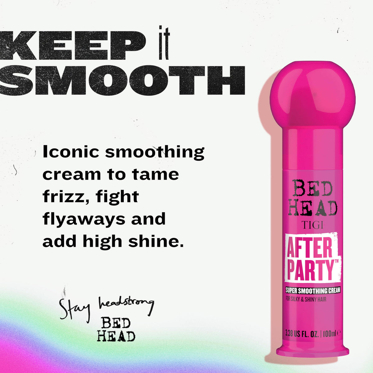 Back label of Bed Head After Party showing directions for use and humidity protection feature