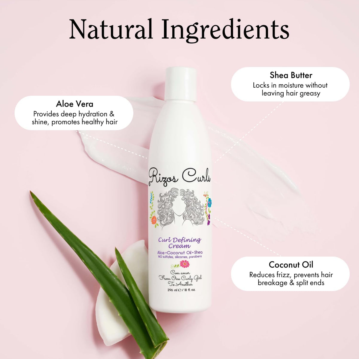 Back of Rizos Curls cream bottle displaying clean ingredients list