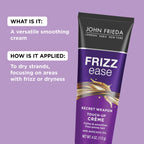 Back label of John Frieda Secret Weapon styling cream detailing usage instructions and ingredients