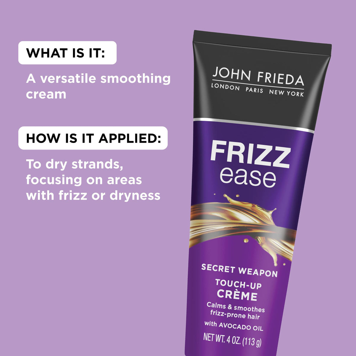 Back label of John Frieda Secret Weapon styling cream detailing usage instructions and ingredients