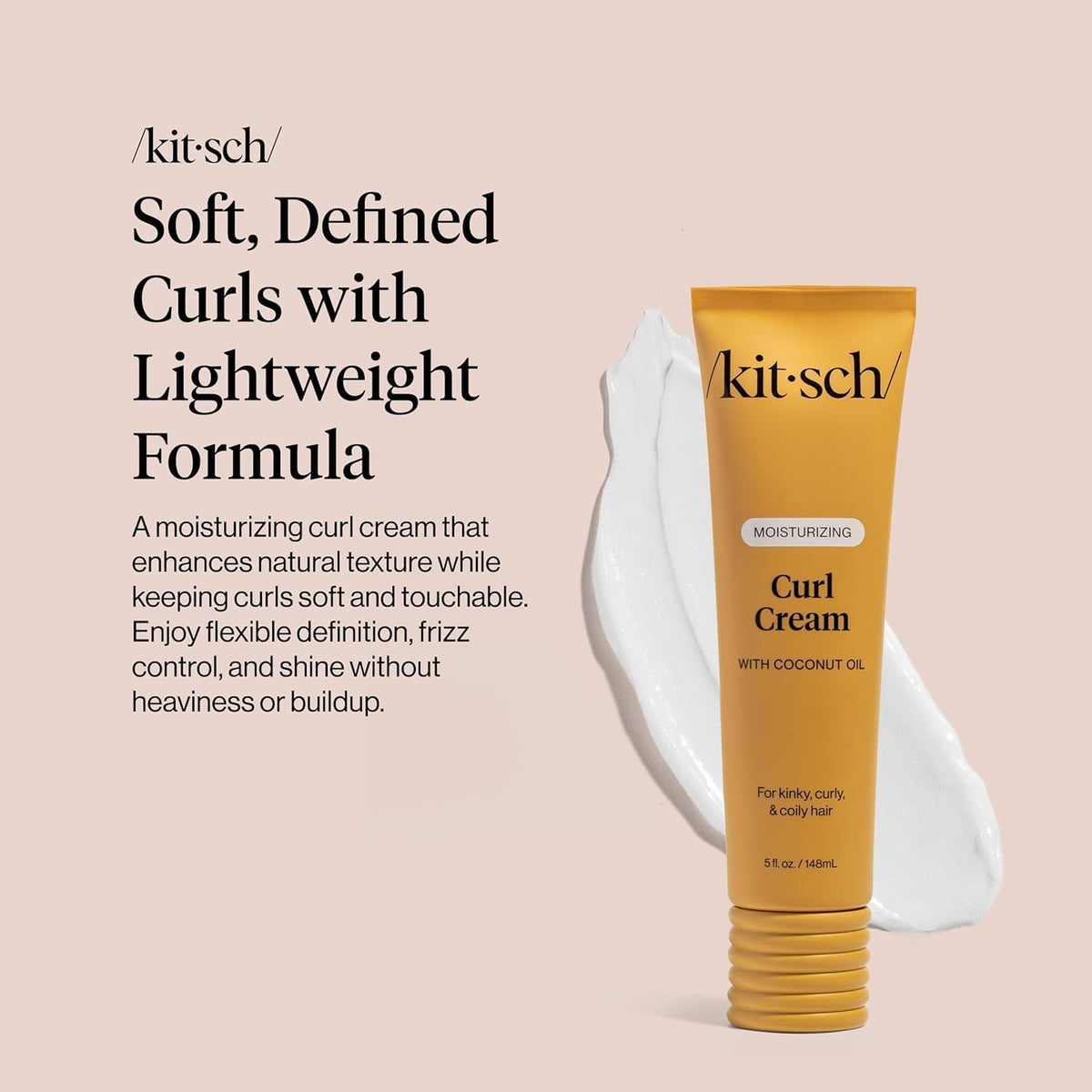 Kitsch lightweight curling cream container highlighting frizz control and coconut oil ingredients