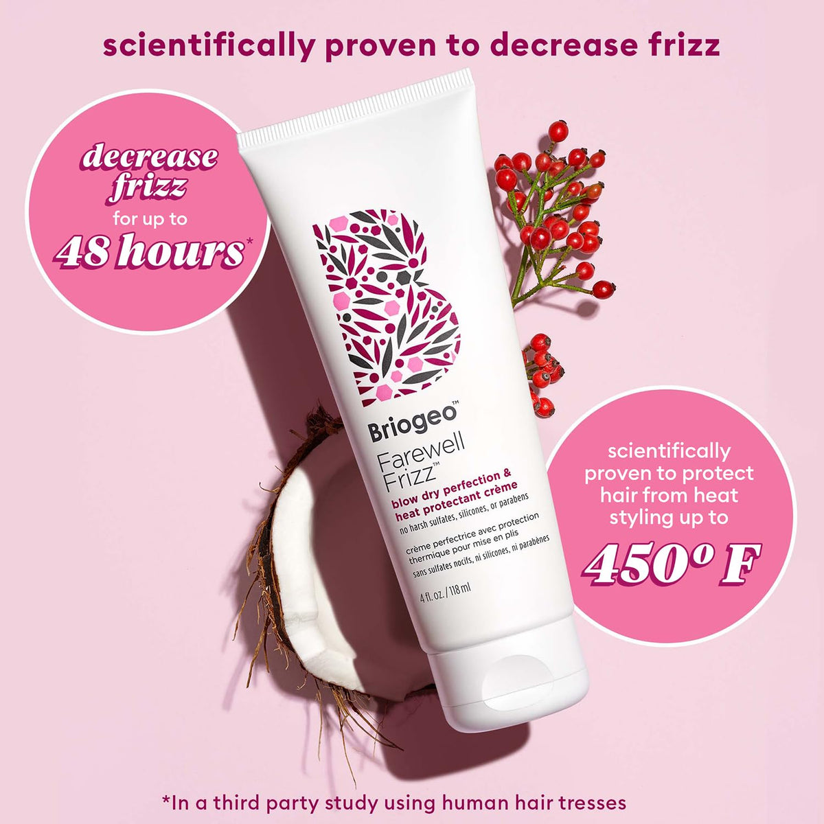 Briogeo anti frizz thermal shield styling cream bottle showing product details and directions