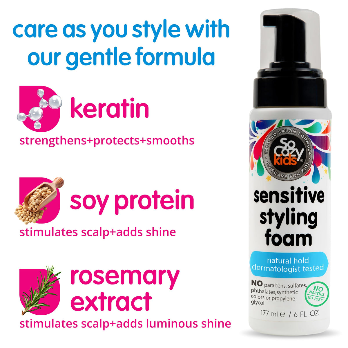 Natural hold kids styling foam close up view