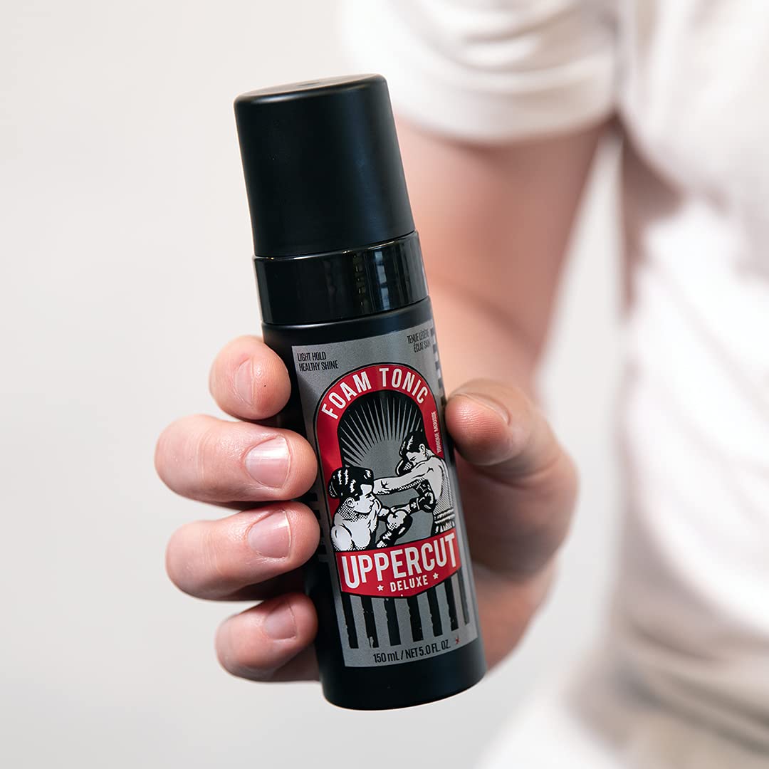 Uppercut Deluxe hair and scalp care foam tonic side profile view
