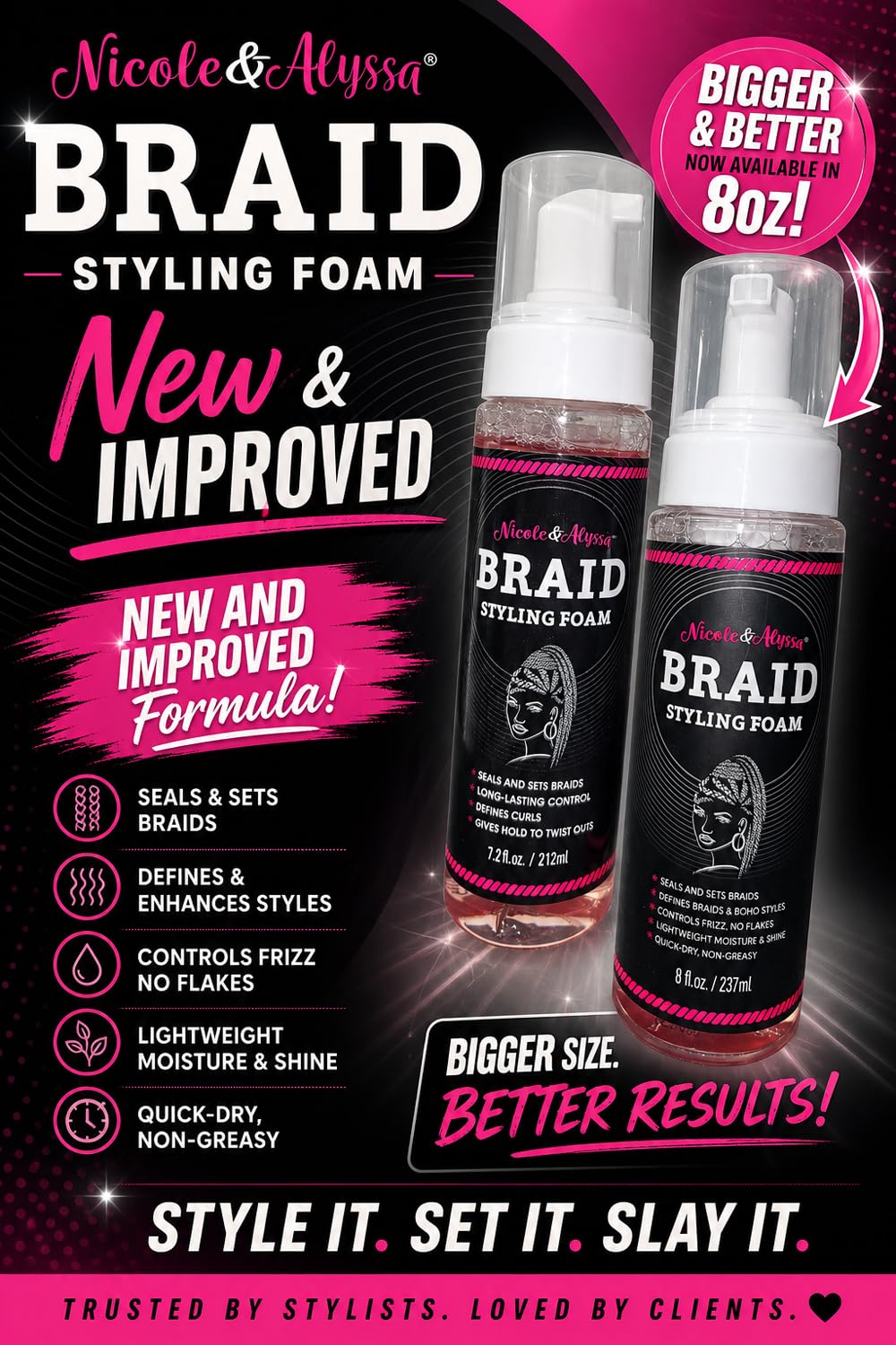 Authentic USA imported Nicole & Alyssa flake free hair styling foam for protective styles