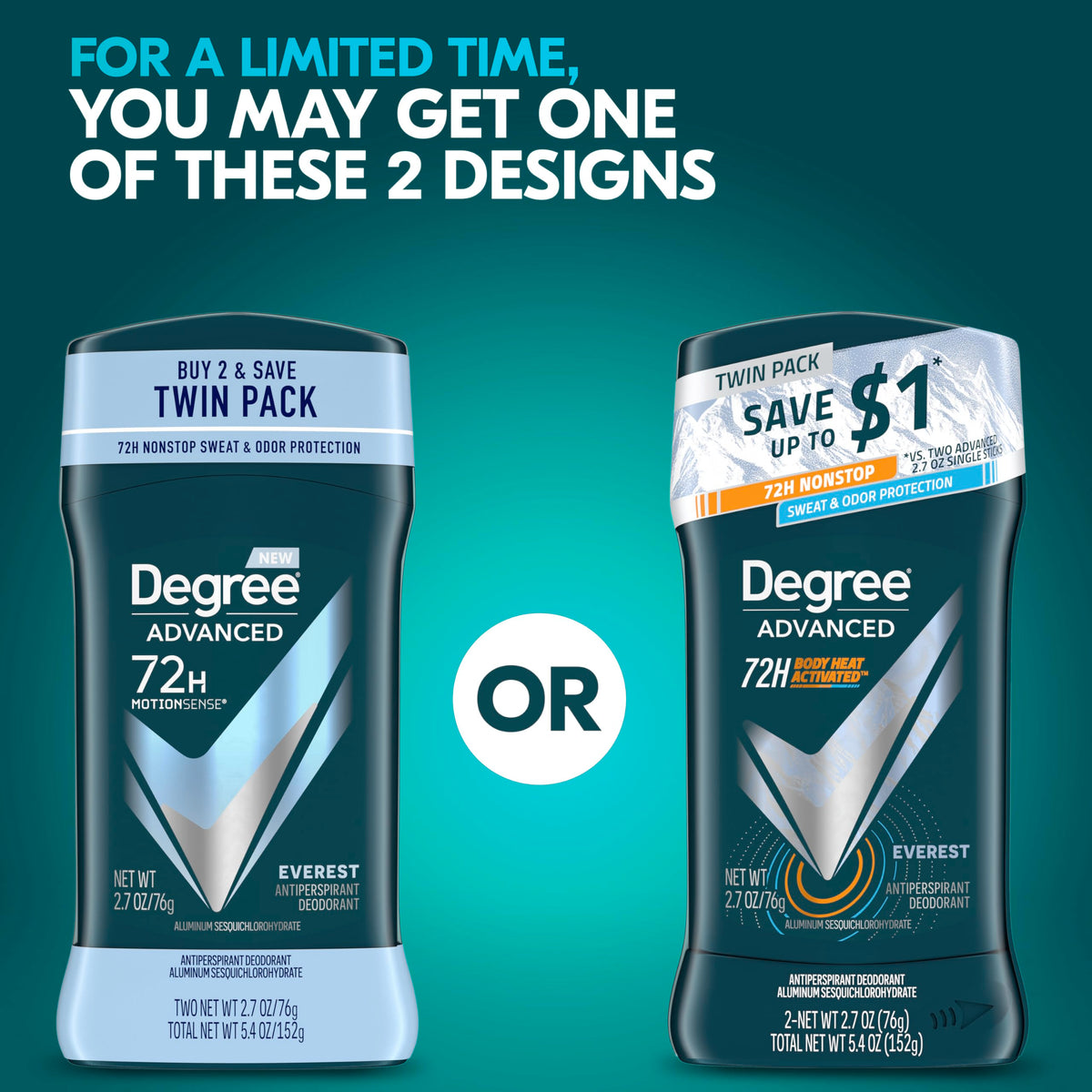 Back label of Degree Men Advanced Everest antiperspirant stick detailing active ingredients and usage instructions