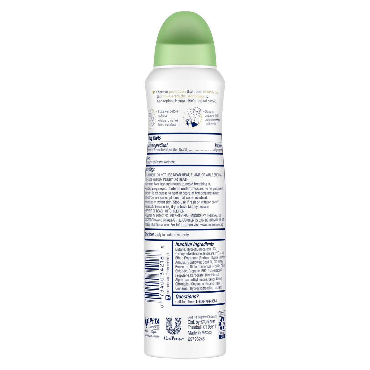 Dove cucumber green tea deodorant spray canister showing product details