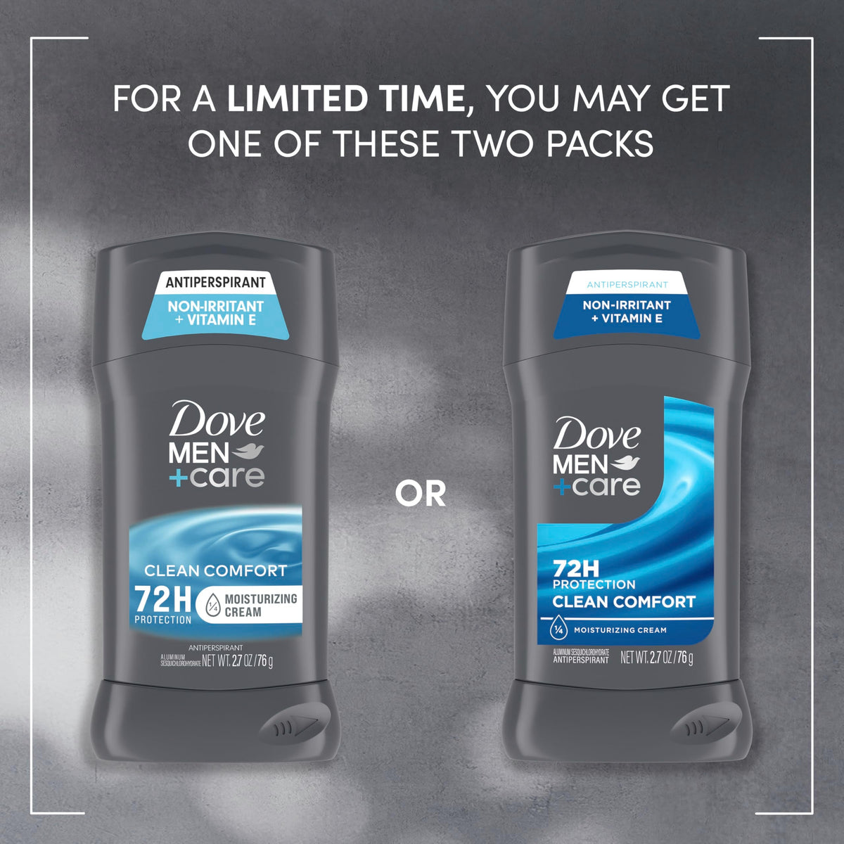 Back label of Dove Men Care Clean Comfort deodorant showing ingredients and one fourth moisturizing cream benefits