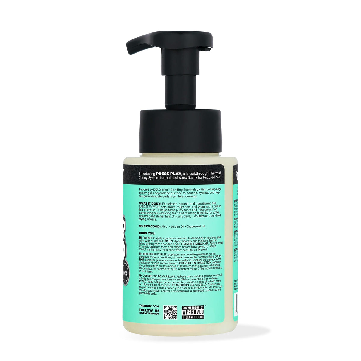 The Doux anti frizz styling mousse and thermal protectant foam closeup