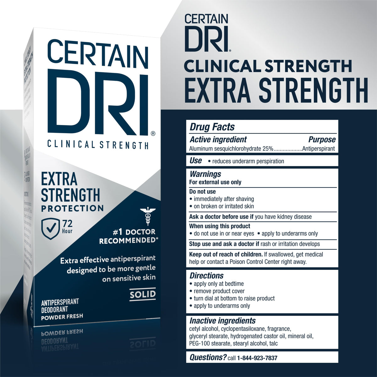 Certain Dri clinical solid antiperspirant showing the twist-up mechanism and product texture