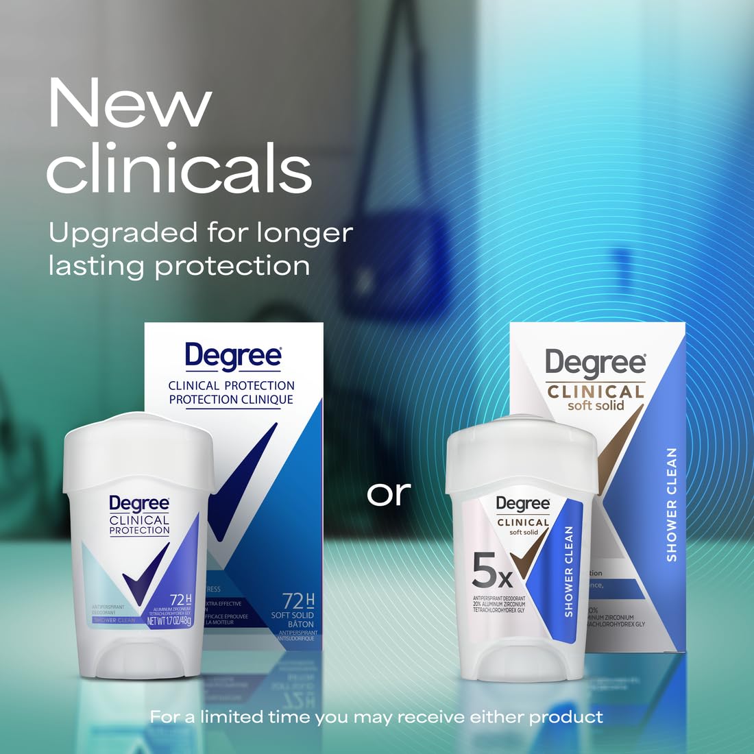 Degree Protection Clinical Strength antiperspirant showing MotionSense technology icon on the front label