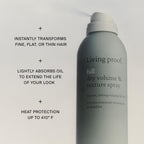 Living Proof volume spray back label showcasing product benefits and lightweight styling attributes.
