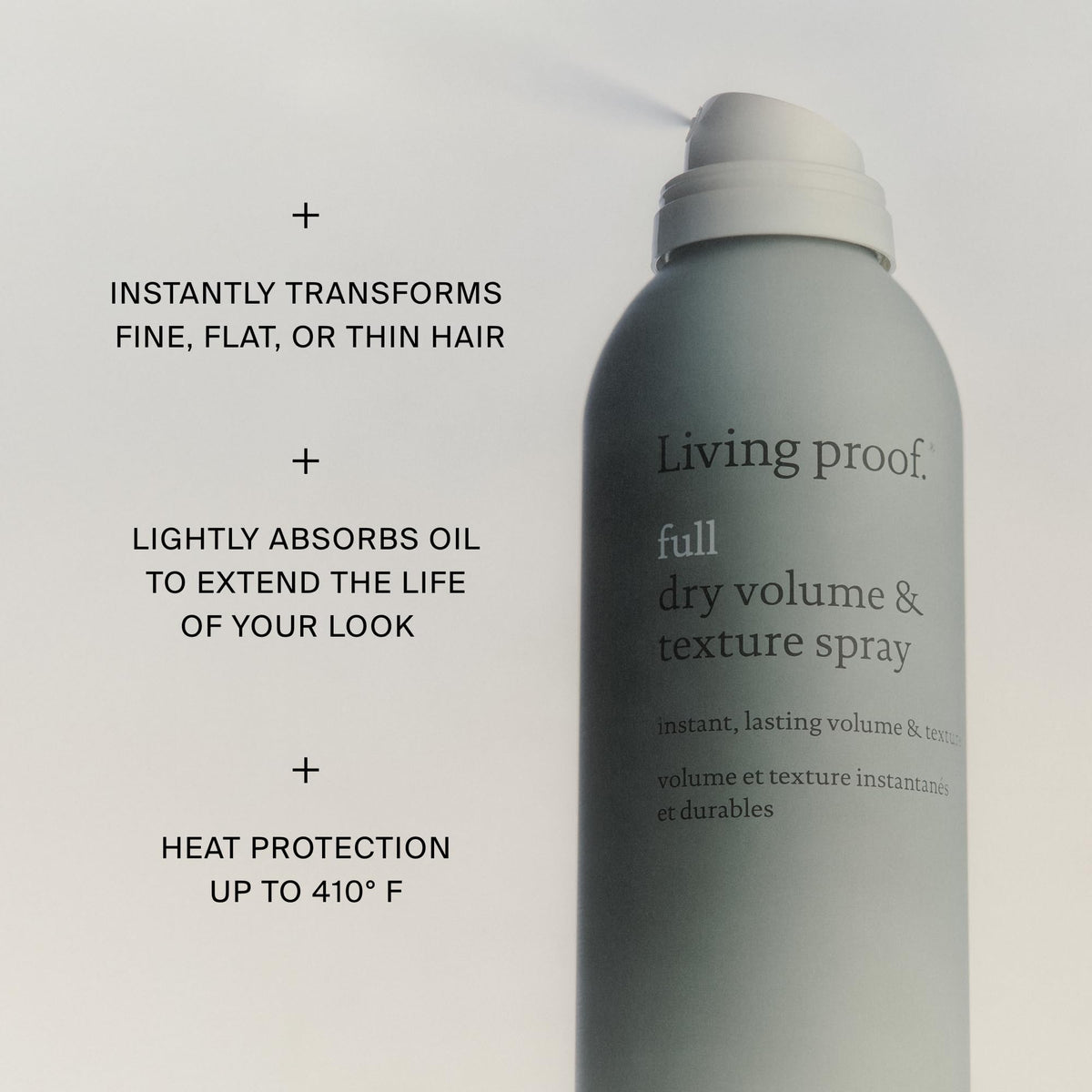 Living Proof volume spray back label showcasing product benefits and lightweight styling attributes.