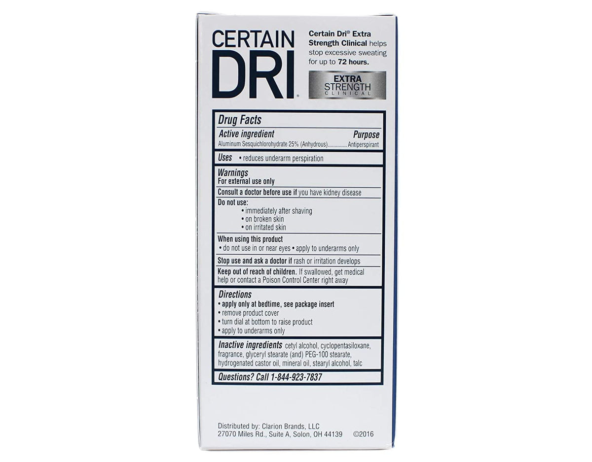 Back label of Certain Dri solid stick highlighting the 25 percent Aluminum Sesquichlorohydrate formulation