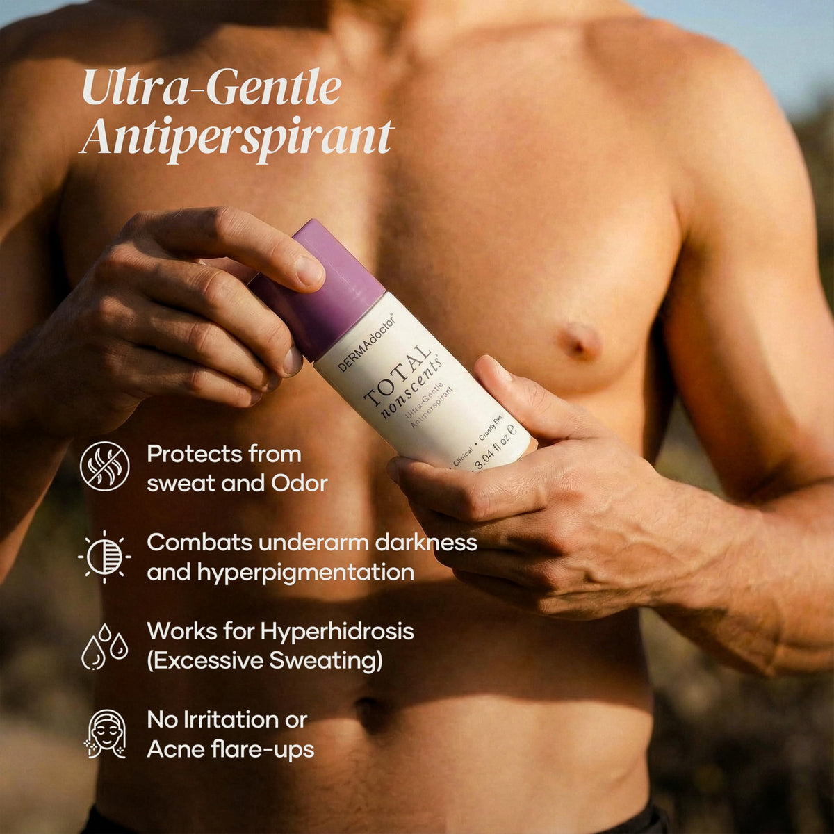 DERMAdoctor unscented sensitive skin deodorant bottle displaying the clinical strength formula details