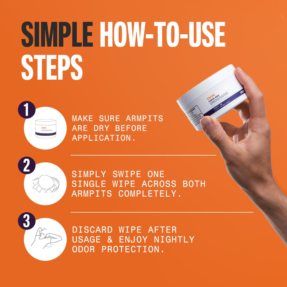 Side view of Carpe Clinical Grade Underarm Wipes with lavender scent label