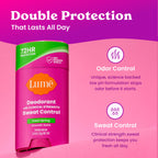 Back of Lume Deodorant Plus Sweat Control stick showing ingredients