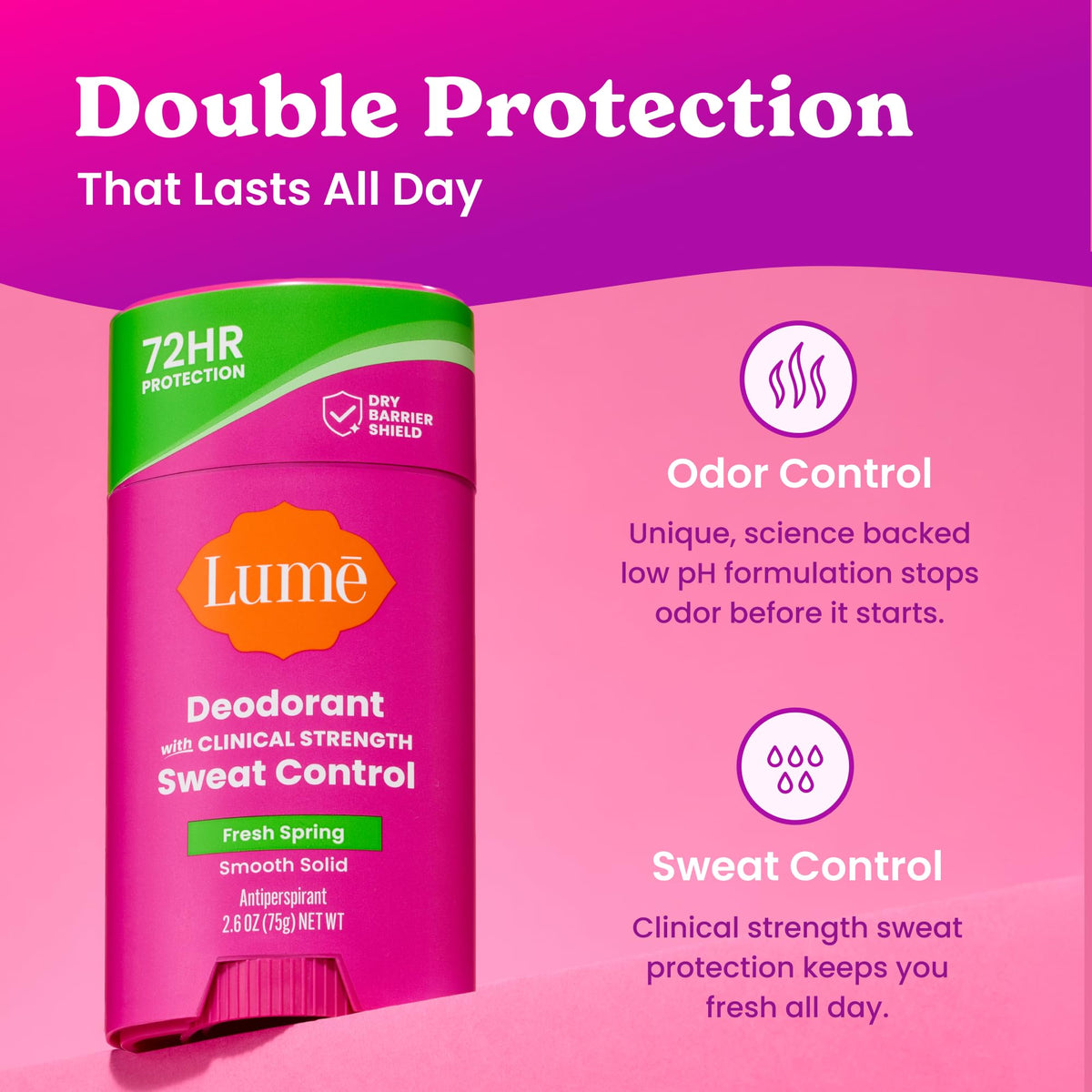 Back of Lume Deodorant Plus Sweat Control stick showing ingredients