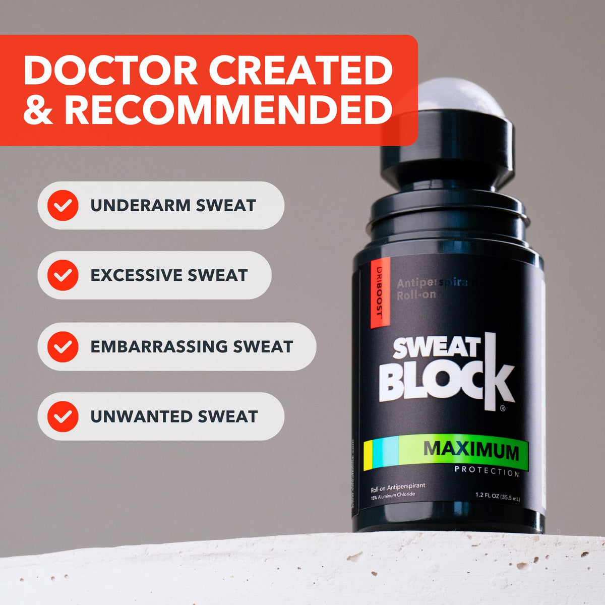 SweatBlock bottle showing 1.2 fluid ounce size