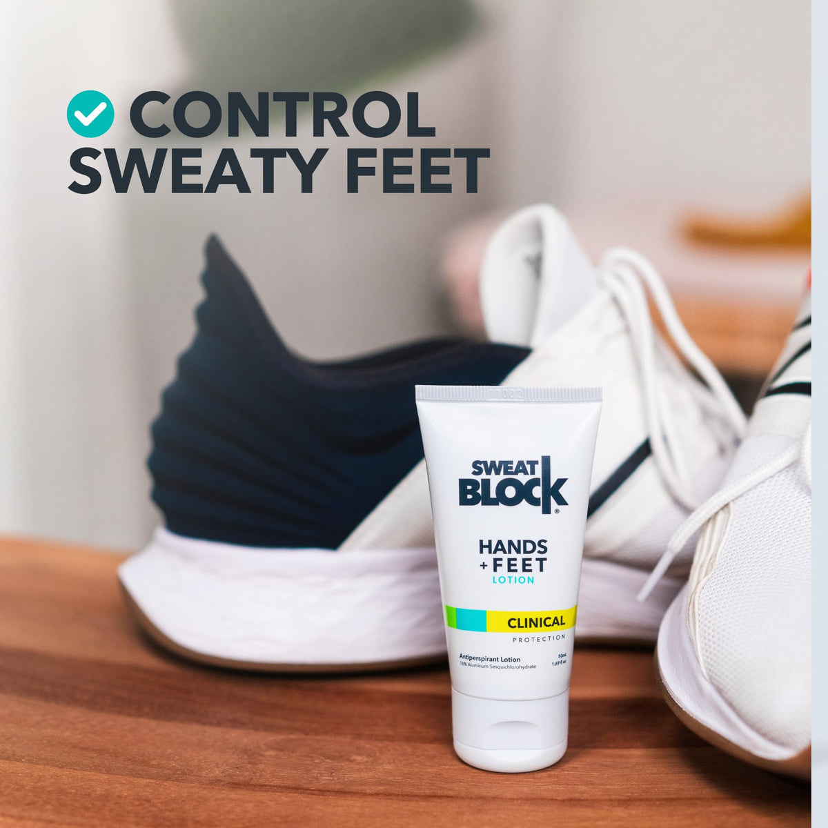 Side profile of SweatBlock antiperspirant lotion 50 milliliter packaging