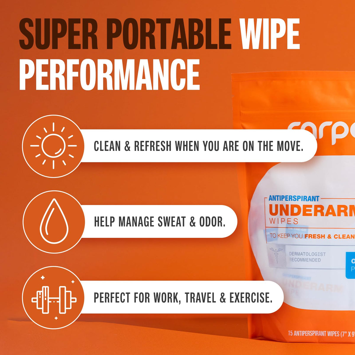 Carpe clinical strength underarm wipes showing 15 count box
