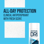 Certain Dri clinical unisex fresh solid deodorant stick close up highlighting 72 hour protection