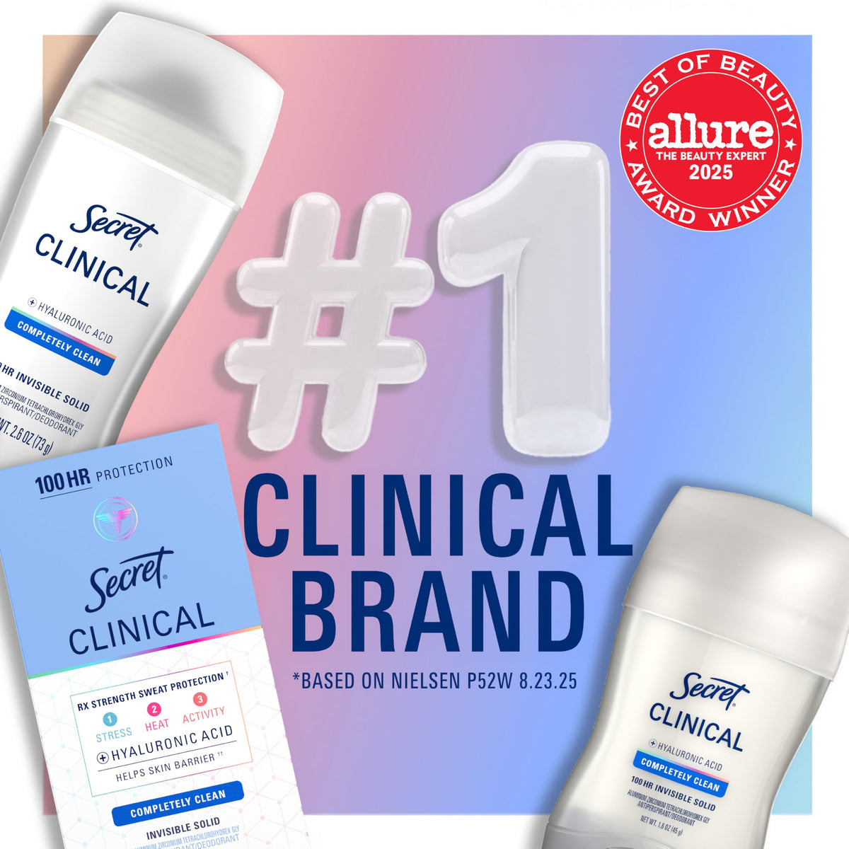 USA imported Secret Clinical Strength packaging highlighting stress heat and activity sweat defense.