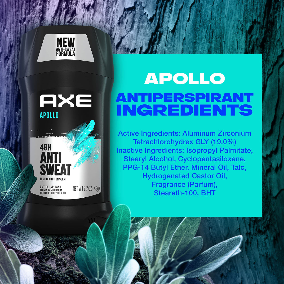 An open AXE Apollo solid antiperspirant demonstrating the smooth texture of the underarm product.
