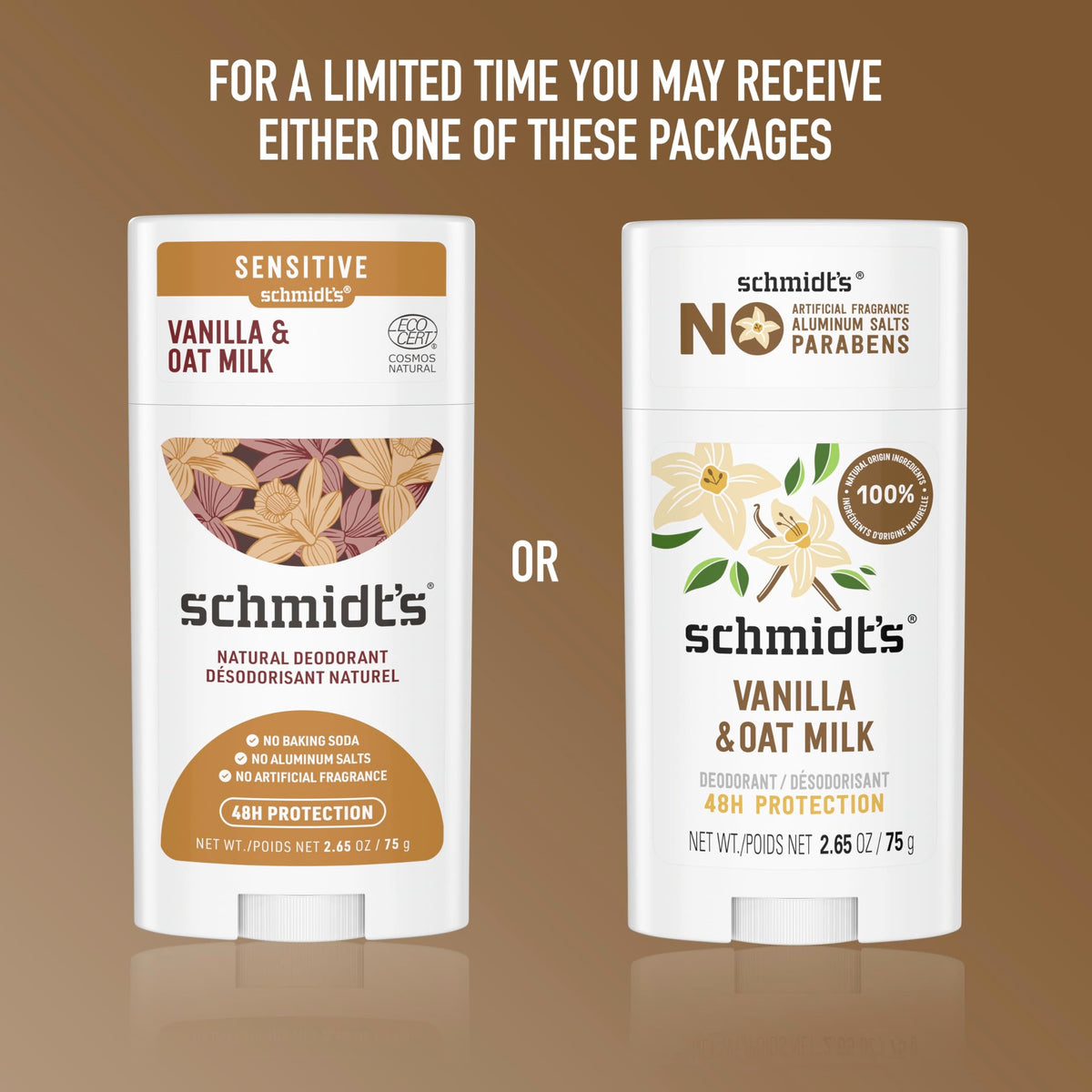 Back label of Schmidt's vegan deodorant with ingredient details
