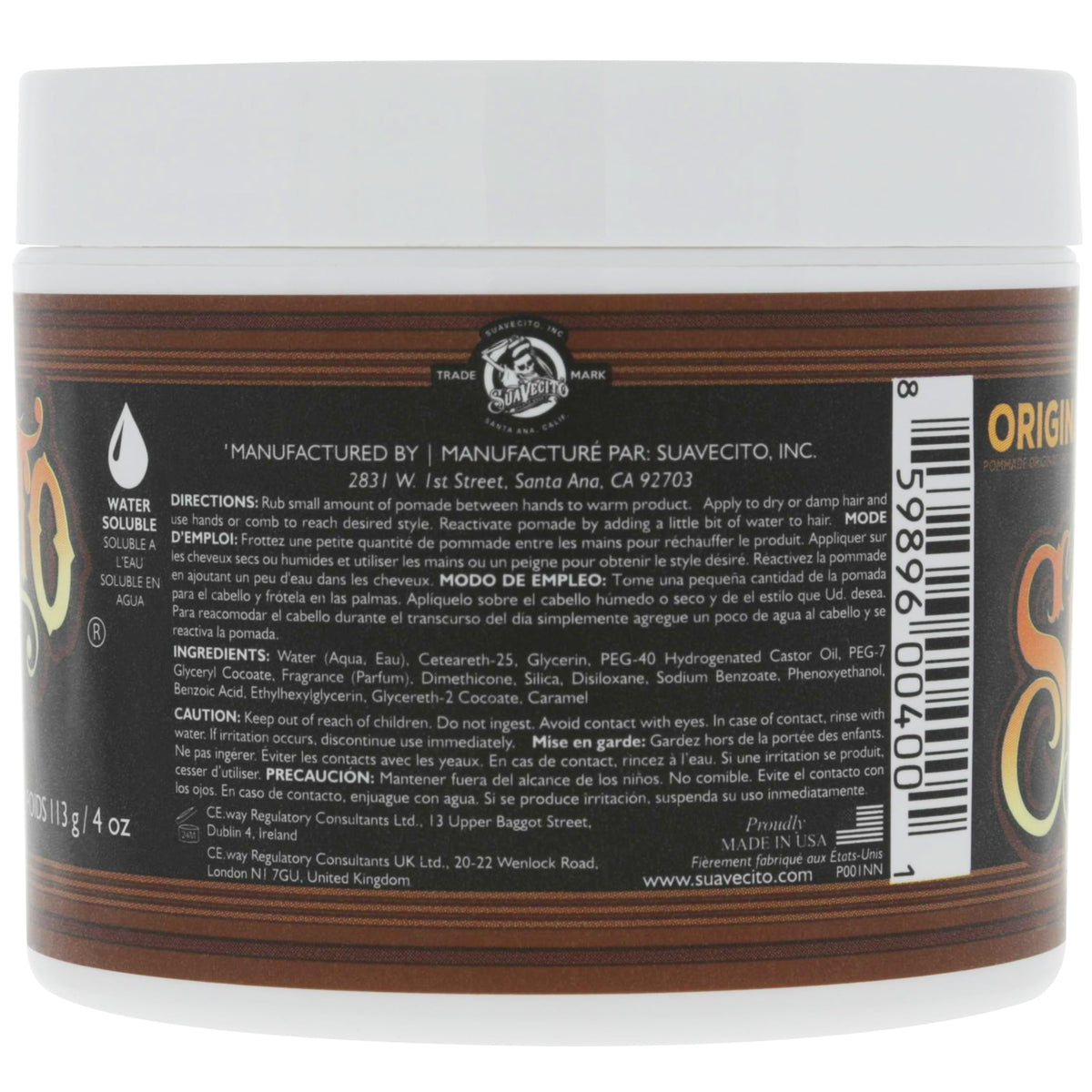 Suavecito medium hold pomade jar opened to reveal the water based styling gel texture