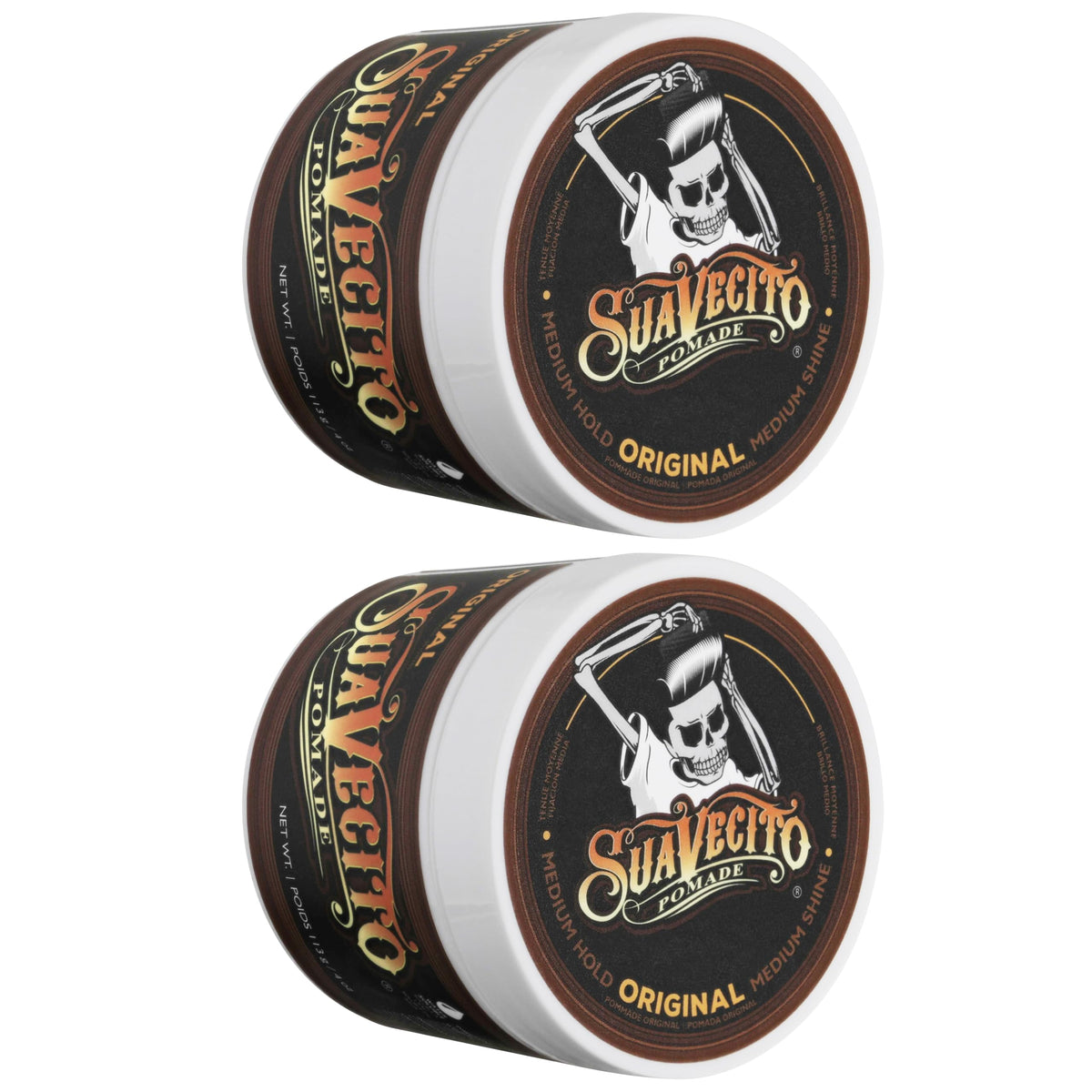 Back label of Suavecito Original Hold Pomade displaying directions and product attributes