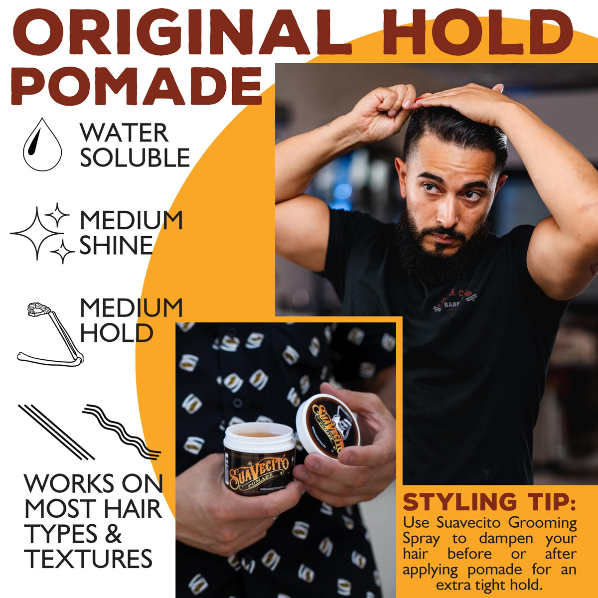 Authentic imported Suavecito hair grooming product jar showcased on a neutral backdrop