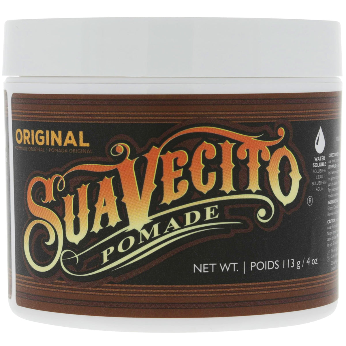 Suavecito Original hold grooming wax container ideal for pompadours and slickback hairstyles