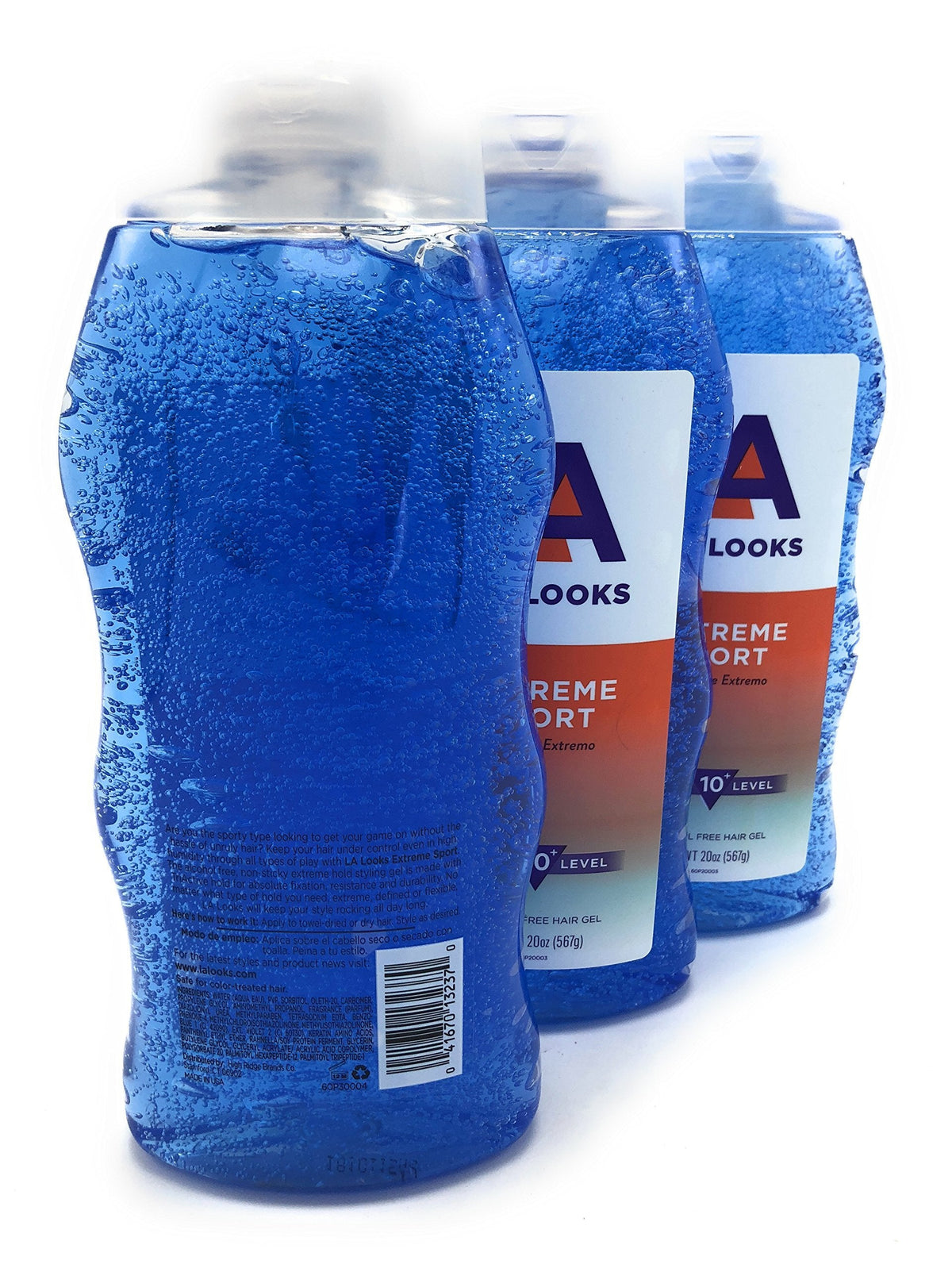 Close up view of authentic imported Level Ten Plus Extreme Sport hair styling gel bottles