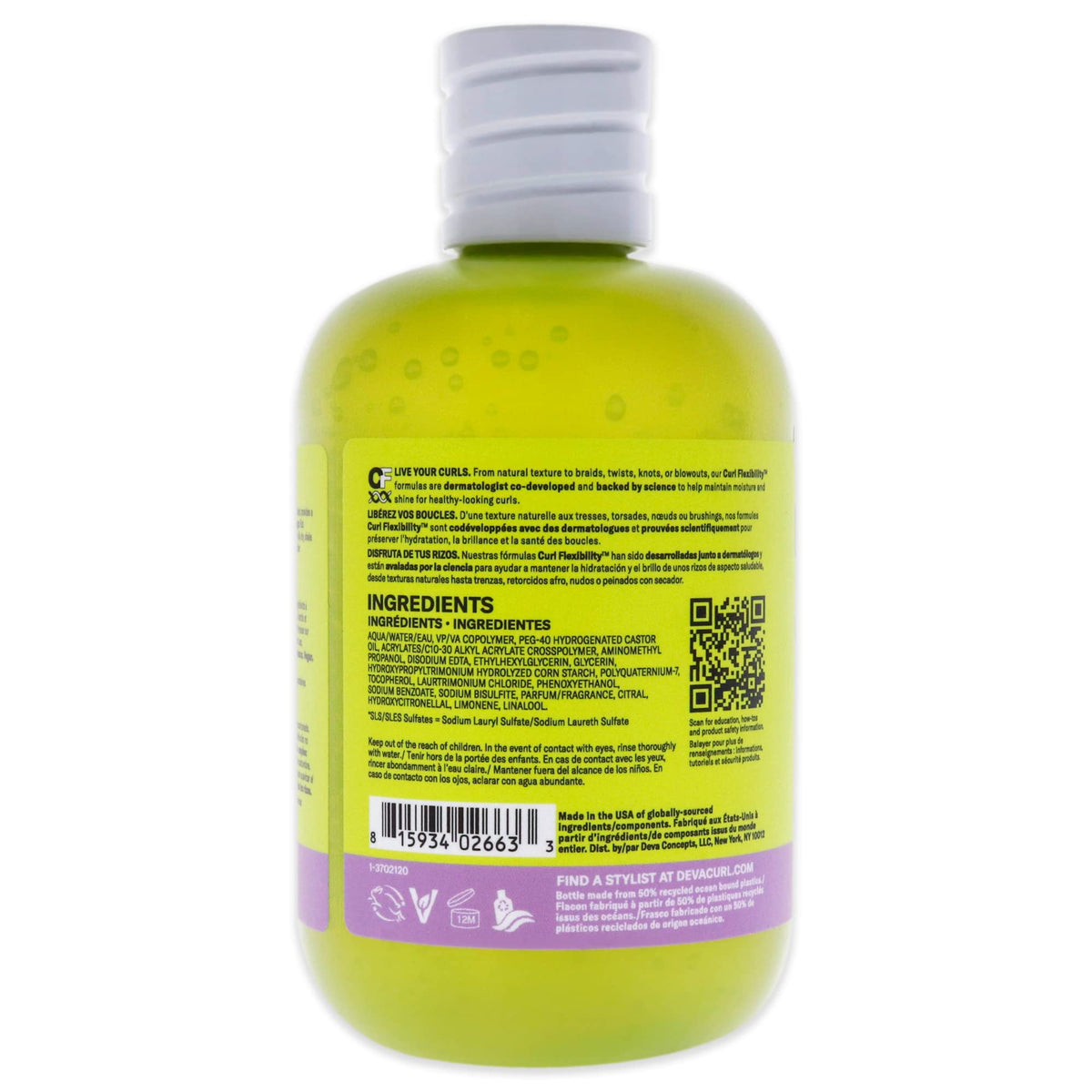 DevaCurl non-flaking no-crunch strong hold styler product packaging details.