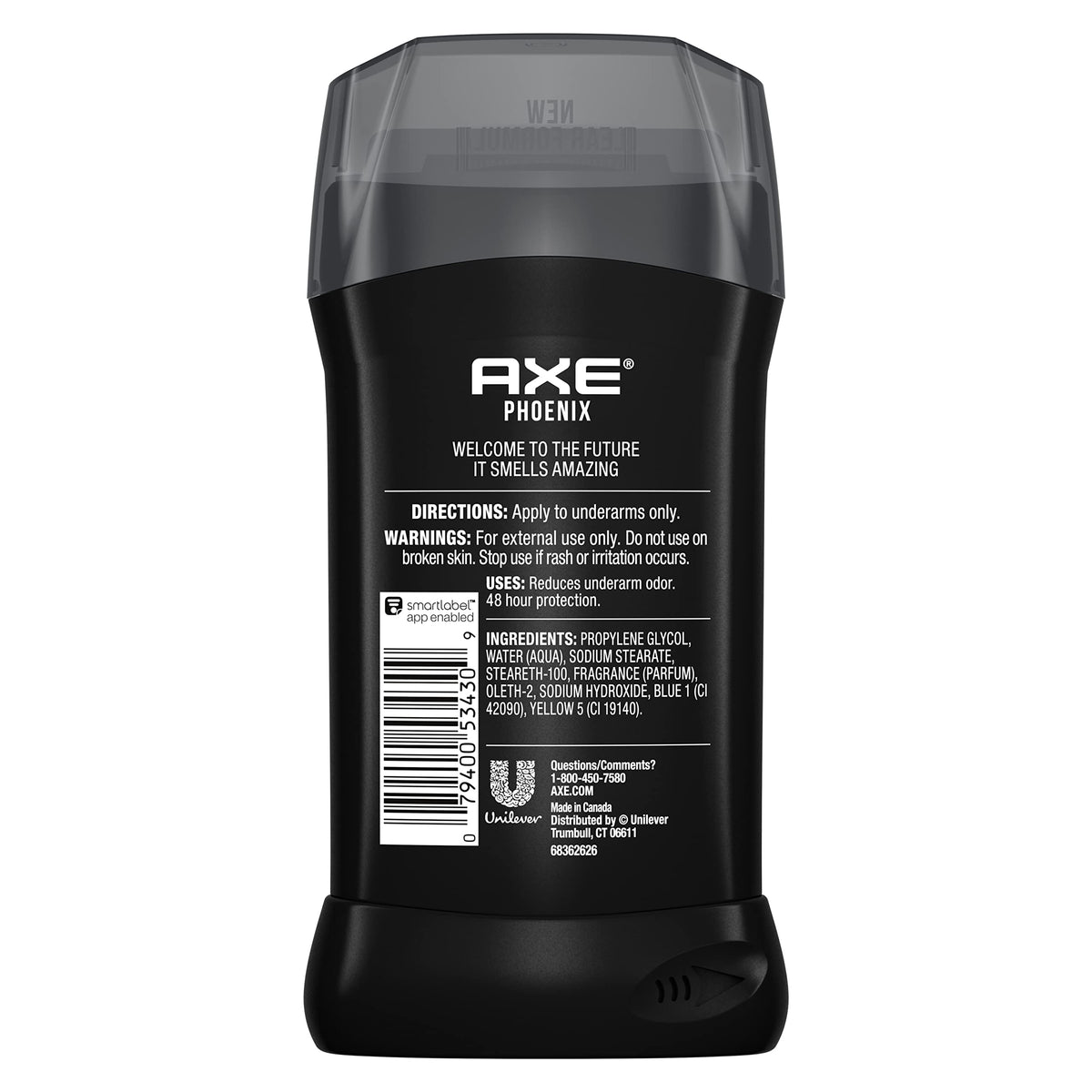 Back label of AXE Phoenix three ounce deodorant pack with ingredient details