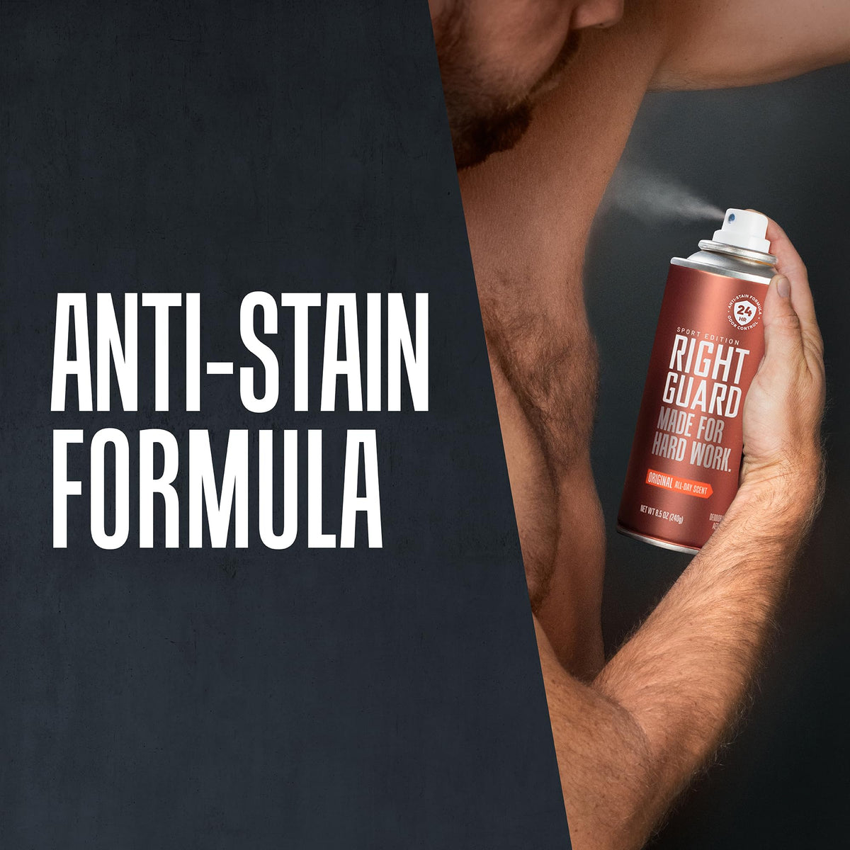 Right Guard anti stain formula personal care aerosol spray for men detailing key product highlights