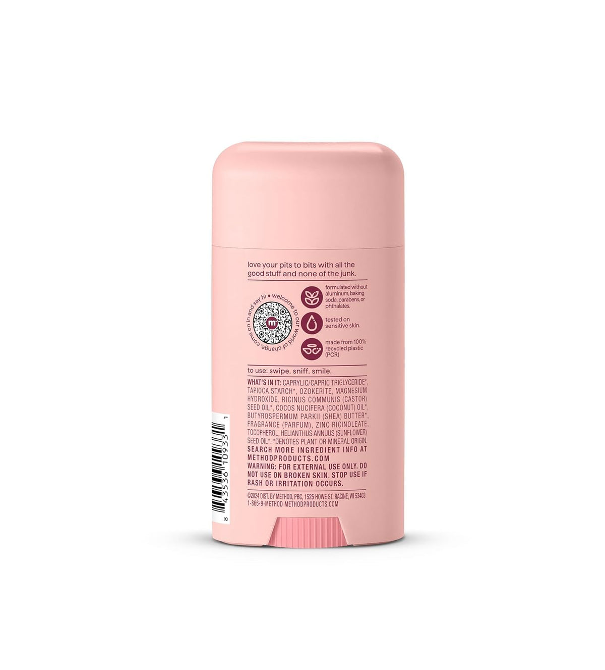 Method Pure Peace deodorant showing rose water and peony branding