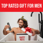 Back label of HAPPY NUTS men deodorant detailing the clean aluminum free ingredients list.