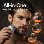 WEQOEE cordless foil shaver showing the three blade stainless steel head with magnetic dustproof cap removed