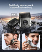 WEQOEE mini face shaver being rinsed under running tap water demonstrating the IPX7 waterproof feature