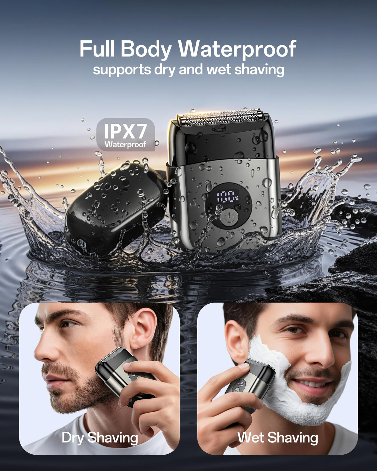WEQOEE mini face shaver being rinsed under running tap water demonstrating the IPX7 waterproof feature