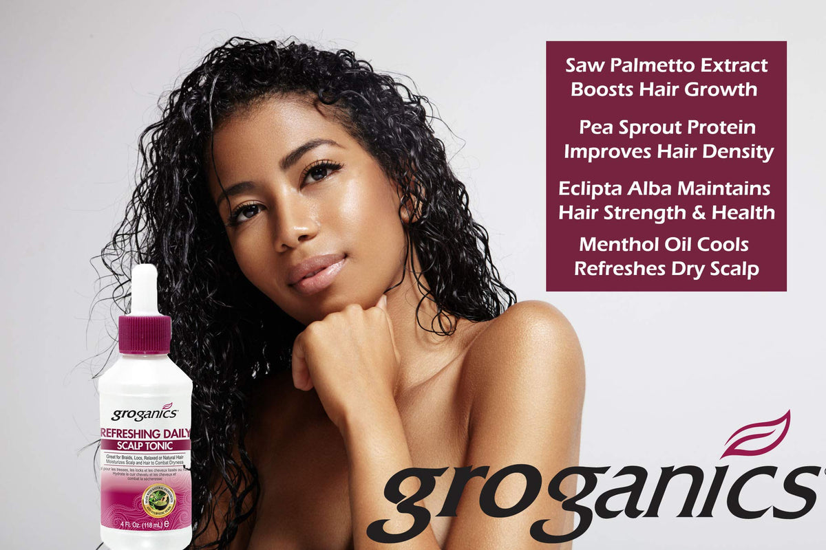 Authentic Groganics hair tonic bottle close up showing ingredients