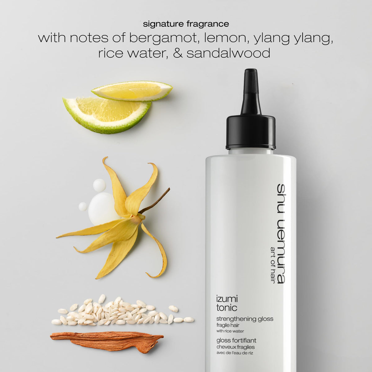 Shu Uemura Izumi Tonic rinse out treatment bottle on a clean background