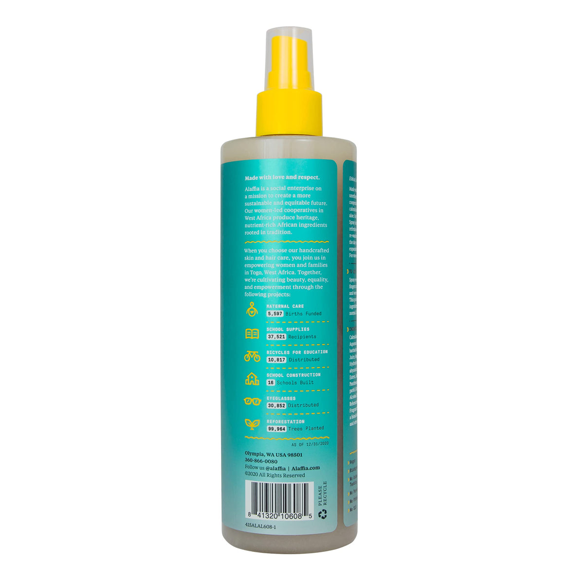 Back label view of Alaffia Curl Reviving Tonic displaying directions for use and complete plant based ingredient list.