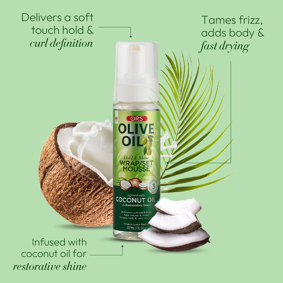 Back label of the seven ounce ORS wrap set mousse bottle with usage instructions.