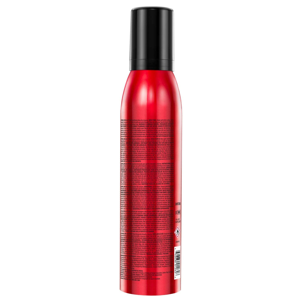 Back label of SexyHair Big Altitude styling foam showing ingredients and usage directions.
