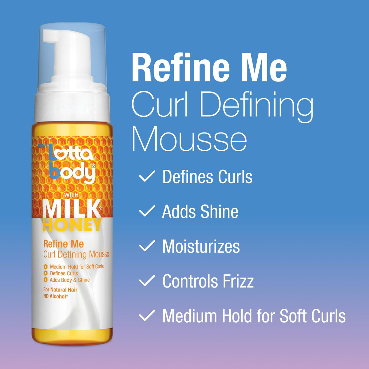 Lottabody curl defining mousse for natural textured hair styling.