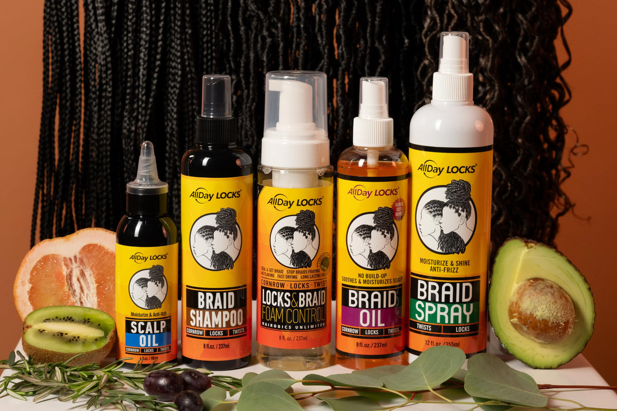 Side view of AllDay Locks braid foam control bottle for sleek styling protection