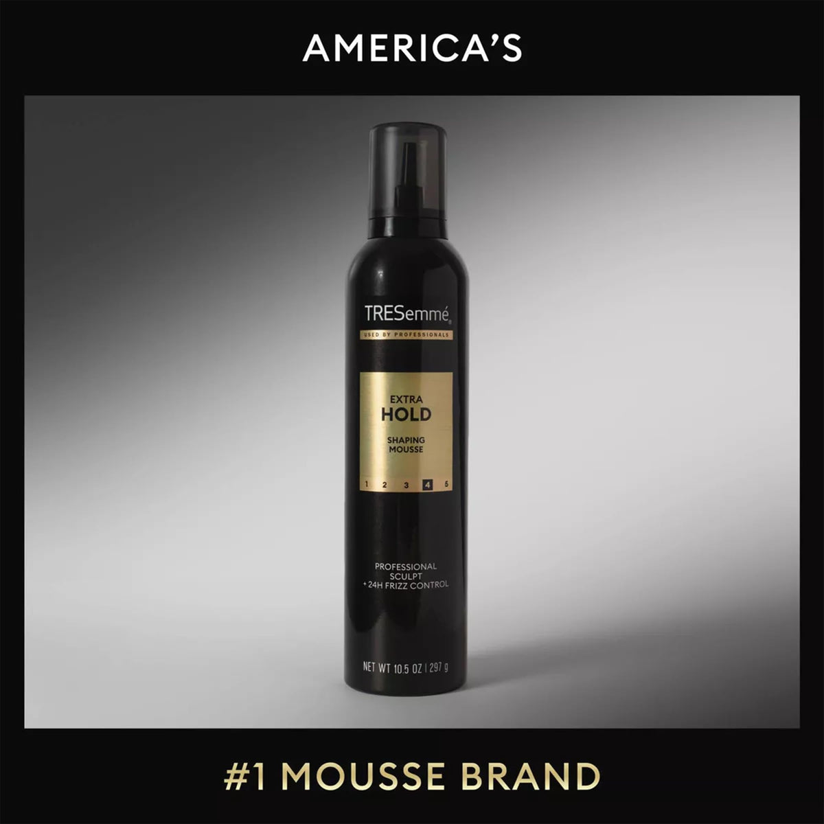 Close up of Tresemme Shaping Mousse 10.5 Ounce bottle labels